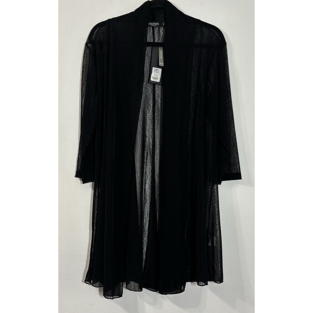 Creation Women’s L Sheer Open Front Duster Cardigan Long Mesh Black Lightweight